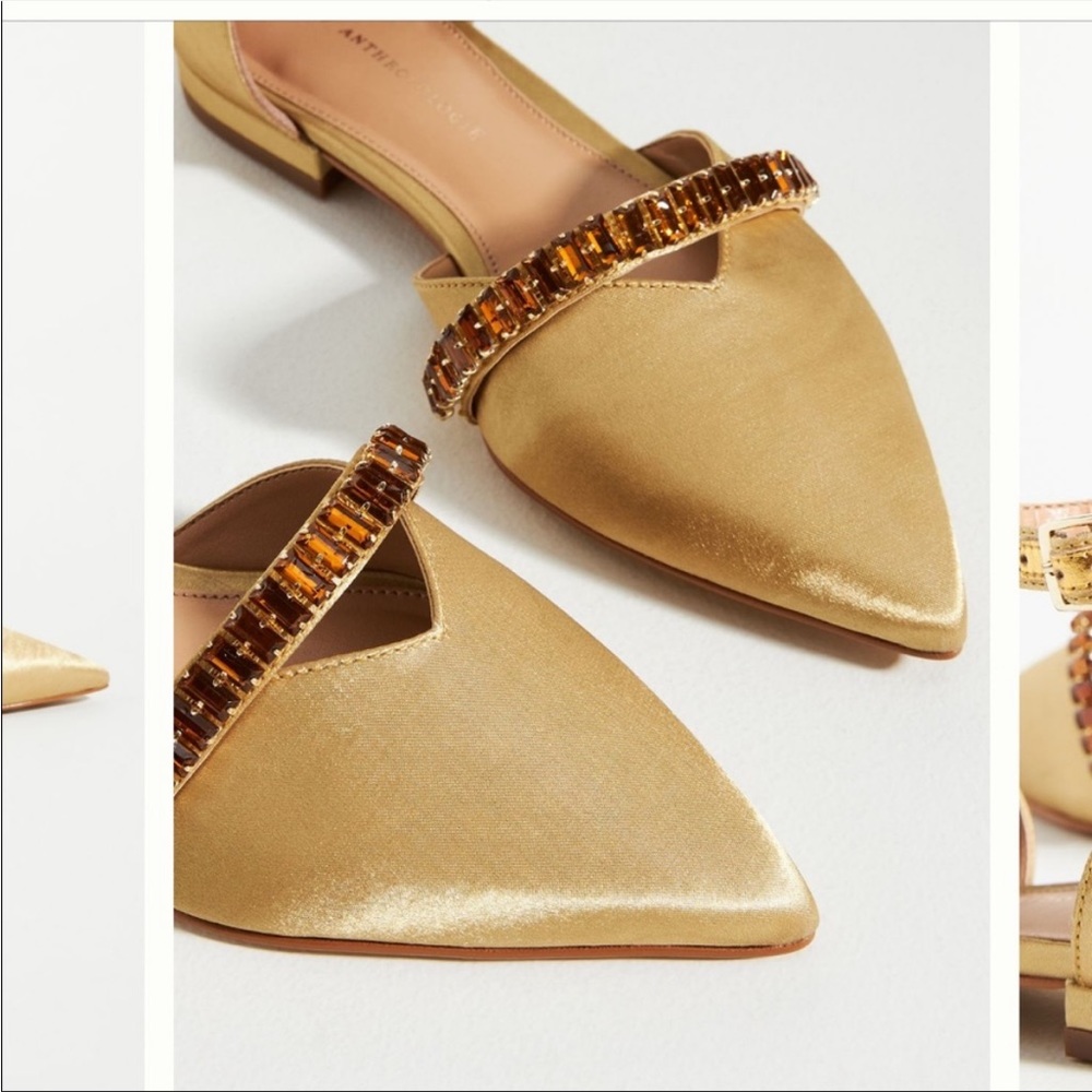 Anthropologie Satin Pointed-toe Embellished Slingback Flats in Gold - Picture 3 of 10